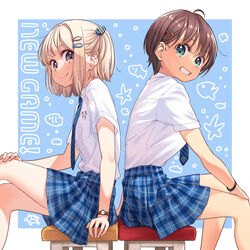  2girls ahoge air_bubble animal_hair_ornament apple_hair_ornament aqua_eyes arm_support back-to-back backlighting blonde_hair blue_background blue_necktie blue_skirt blunt_bangs blush bob_cut border breast_pocket brown_eyes brown_hair bubble bubble_background c: closed_mouth collared_shirt copyright_name crossed_legs dark-skinned_female dark_skin diagonal_stripes dot_nose dress_shirt feet_out_of_frame fish_hair_ornament food-themed_hair_ornament from_side grin hair_behind_ear hair_between_eyes hair_intakes hair_ornament hairclip hand_on_own_knee high-waist_skirt iijima_yun looking_at_viewer looking_to_the_side miniskirt multiple_girls necktie new_game! official_art on_stool one_side_up outside_border parted_lips plaid plaid_skirt pleated_skirt pocket school_uniform shade shinoda_hajime shirt shirt_tucked_in short_hair short_sleeves sitting skirt smile split_mouth stool striped striped_necktie tareme tented_shirt tokunou_shoutarou watch white_border white_shirt wing_collar wristband wristwatch 