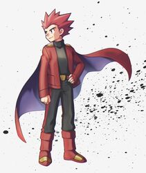  1boy aya_(ryou0327) belt belt_buckle black_eyes black_pants black_shirt boots buckle cape closed_mouth commentary_request floating_cape full_body hand_on_own_hip jacket lance_(pokemon) male_focus open_clothes open_jacket pants pokemon pokemon_rgby red_cape red_footwear red_hair red_jacket shirt short_hair smile spiked_hair standing white_background 