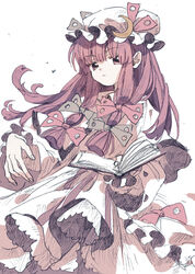  book bow closed_mouth crescent crescent_moon_pin dot_nose dress female green_bow hairbow hat holding holding_book ka_(marukogedago) limited_palette long_dress long_hair long_sleeves looking_at_viewer open_book patchouli_knowledge pillow_hat purple_bow purple_eyes purple_hair purple_theme simple_background solo touhou white_background white_dress 