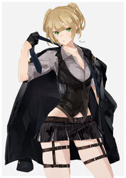  belt black_necktie black_skirt blonde_hair braid breasts brown_belt cleavage commission contrapposto corset female french_braid girls&#039;_frontline gloves green_eyes grey_shirt half_gloves highres jacket jacket_on_shoulders looking_at_viewer loose_necktie necktie open_mouth partially_unbuttoned pinstripe_pattern pinstripe_vest shirt skeb_commission skirt small_breasts solo striped_clothes striped_skirt striped_vest sutekina_awa thigh_strap undone_necktie vertical-striped_clothes vertical-striped_vest vest welrod_mkii_(girls&#039;_frontline) 