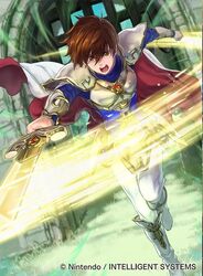  1boy armor blue_shirt brown_eyes brown_hair cape fire_emblem fire_emblem:_genealogy_of_the_holy_war fire_emblem:_thracia_776 fire_emblem_cipher leif_(fire_emblem) light light_brand male_focus official_art shirt short_hair solo suzuki_rika sword weapon white_armor white_cape 