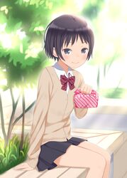  bench bento black_hair black_skirt bob_cut bow bowtie brown_sweater bush cardigan female foliage food furoshiki highres holding holding_food kyak_bamboo light_blush light_smile looking_at_viewer original red_bow school_uniform short_hair sitting skirt solo striped_bow striped_bowtie striped_clothes sweater 