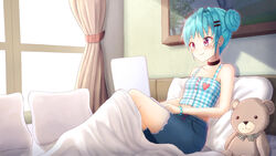  bare_arms bare_shoulders bed black_choker blue_hair blue_shorts blush breasts camisole choker closed_mouth collarbone commentary commission computer curtains day english_commentary female hair_bun hair_ornament hairclip highres knees_up laptop original pillow plaid prophosphere red_eyes short_shorts shorts single_hair_bun sitting small_breasts smile solo stuffed_animal stuffed_toy sunlight teddy_bear under_covers window 