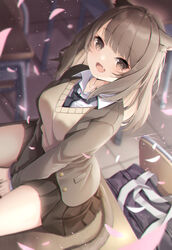  :d absurdres amahara_pekozaemon animal_ear_fluff animal_ears bag between_legs black_neckwear blazer blurry blurry_background blush breasts brown_eyes brown_hair brown_jacket brown_skirt cat_ears cat_girl cat_tail chair collared_shirt commentary_request depth_of_field desk female final_fantasy final_fantasy_xiv hand_between_legs highres indoors jacket long_hair long_sleeves looking_at_viewer medium_breasts miqo&#039;te mole mole_under_eye oerba_yun_fang on_desk open_clothes open_jacket open_mouth petals pleated_skirt school_bag school_chair school_desk school_uniform shirt sitting skirt sleeves_past_wrists smile solo sweater_vest tail warrior_of_light_(ff14) white_shirt 