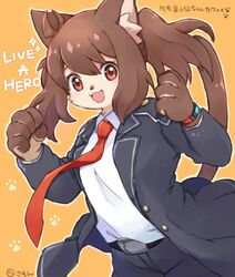  :3 :d animal_ear_fluff animal_ears animal_nose artist_name belt blush breasts cat_ears cat_girl cat_tail chest_tuft copyright_name female female_protagonist_(live_a_hero) furry furry_female live_a_hero long_hair looking_at_viewer medium_breasts necktie open_mouth orange_background paw_print red_eyes red_necktie simple_background smile solo summon_lw tail translated two-tone_fur yellow_background 