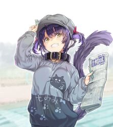  animal_ear_fluff animal_ears arm_up black_collar blurry blurry_background blush breasts cabbie_hat clenched_teeth collar commentary_request depth_of_field female grey_hat grey_shirt hair_between_eyes hair_through_headwear hat highres holding indie_virtual_youtuber kiyama_satoshi kuroike_momimi long_sleeves looking_at_viewer medium_breasts newspaper pen puffy_long_sleeves puffy_sleeves purple_hair shirt sleeves_past_wrists solo tail tail_raised teeth twintails virtual_youtuber yellow_eyes 