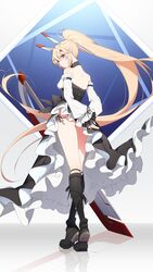  absurdly_long_hair absurdres ass ayanami_(azur_lane) ayanami_(nightfall_raiment)_(azur_lane) azur_lane bare_shoulders black_dress black_panties blonde_hair blush breasts detached_sleeves dore_(gilles_dore) dress female floating_hair from_behind full_body headgear high_ponytail highres long_hair long_sleeves looking_at_viewer looking_back medium_breasts panties ponytail red_eyes retrofit_(azur_lane) side-tie_panties solo standing thighs underwear very_long_hair weapon 