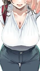  absurdres arm_behind_back black_hair blurry breasts cleavage collarbone depth_of_field female head_out_of_frame highres karasuma_yayoi large_breasts open_mouth original pants pov shirt shirt_tucked_in short_sleeves solo white_shirt 