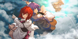  2girls above_clouds arm_belt artist_name back-to-back beamed_eighth_notes biwa_lute black_shirt blue_sky blurry blurry_background chinese_commentary cloud commentary_request dated day drum drumsticks eighth_note floating furahata_gen grin highres horikawa_raiko instrument jacket long_sleeves looking_at_viewer looking_back loose_necktie lute_(instrument) multiple_girls musical_note necktie one_eye_closed open_clothes open_jacket outdoors pencil_skirt purple_hair purple_necktie quarter_note red_eyes red_hair shining_needle_castle shirt short_hair sidelocks sitting sitting_on_drum skirt sky smile staff_(music) touhou tsukumo_benben white_jacket white_skirt yellow_skirt 