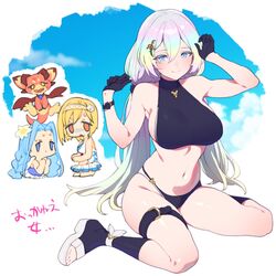  1other 3girls absurdres bare_shoulders belt bikini bikini_skirt black_bikini black_gloves black_socks blonde_hair blue_eyes blue_hair blush braid breasts check_commentary chibi closed_mouth commentary commentary_request cupitan_(granblue_fantasy) cupitan_(summer)_(granblue_fantasy) djeeta_(granblue_fantasy) dragon flower frilled_skirt frills gloves gradient_hair granblue_fantasy hair_flower hair_intakes hair_ornament hairband half_gloves highres huge_breasts large_breasts long_hair looking_at_viewer low_twintails lyria_(granblue_fantasy) multicolored_hair multiple_girls navel nosir_onadat orange_eyes rainbow_hair sandals scared short_hair sideboob sitting skirt smile socks stomach sweat swimsuit thigh_belt thigh_strap toeless_legwear toes translated twin_braids twintails very_long_hair vyrn_(granblue_fantasy) wariza white_skirt wrist_belt 