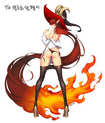  absurdly_long_hair absurdres ass back bad_id bad_pixiv_id breasts brown_hair clothes_pull commission dekka dungeon_and_fighter female fiery_hair grey_eyes hat high_heels highres horns long_hair nipples panties pantyhose pantyhose_pull parted_lips photoshop_(medium) pink_lips pointy_ears side-tie_panties signature simple_background smile solo standing thong transcendent_nornil underwear untied_panties very_long_hair white_background witch_hat 