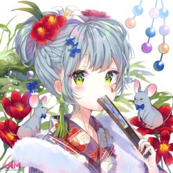  alternate_costume alternate_hairstyle blush braid facepaint fan_to_mouth female floral_print flower from_side girls_frontline green_eyes hair_between_eyes hair_bun hair_flower hair_ornament hairclip highres hk416_(girls_frontline) iron_cross japanese_clothes kimono looking_at_viewer mouse mouse_on_shoulder new_year purple_kimono red_flower silver_hair solo teardrop upper_body urim_(paintur) yukata 