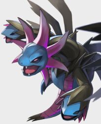  commentary_request dragon fangs highres hydreigon no_humans open_mouth pink_eyes pokemon pokemon_(creature) solo tesshii_(riza4828) tongue wings 