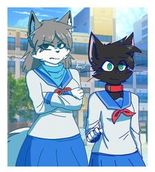  2020 anthro black_body black_fur border clothing crazy_guy_(artist) digital_media_(artwork) domestic_cat duo felid feline felis female fur mammal school_uniform uniform white_border 