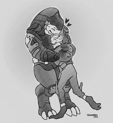  3_fingers 3_toes alien anthro armor bioware duo electronic_arts feet fingers heart_symbol hug krogan male mass_effect monochrome size_difference toes turian varanidius 