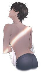  1boy amamiya_ren black_hair black_pants closed_mouth cropped_legs grey_eyes hair_between_eyes head_tilt highres looking_at_viewer male_focus pants persona persona_5 shirt simple_background solo sonomi topless_male twitter_username unworn_shirt white_background white_shirt 