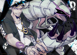  1boy arm_tattoo black_hair black_jacket black_pants blurry commentary_request dabu_(dabuchan) eyewear_on_head fingernails golisopod grin guzma_(pokemon) hood hooded_jacket jacket male_focus multicolored_hair pants pokemon pokemon_(creature) pokemon_sm shirt short_sleeves smile sunglasses tattoo team_skull teeth two-tone_hair undercut white_hair white_shirt yellow-framed_eyewear 