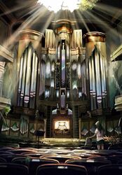  auditorium chair commentary_request female hole_in_ceiling instrument light_rays long_hair miniskirt music_stand original pipe_organ ruins shirt short_sleeves skirt solo standing tadano_natsu very_wide_shot white_shirt 