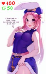  absurdres blush breasts crush_crush english_text female highres long_hair looking_at_viewer medium_breasts meme mur_(crush_crush) murmoruno open_mouth pink_eyes pink_hair sleeveless smile solo twitter_strip_game_(meme) 