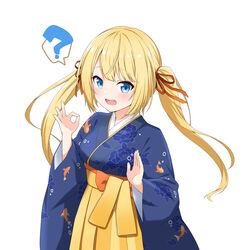  :d ? absurdres animal_print blonde_hair blue_eyes blue_kimono blush breasts commentary english_commentary felutiahime female fish_print floral_print hair_ribbon hakama highres hololive hololive_english japanese_clothes kimono long_hair long_sleeves looking_at_viewer official_alternate_hair_length official_alternate_hairstyle ok_sign print_kimono red_ribbon ribbon simple_background smile solo spoken_question_mark upper_body virtual_youtuber watson_amelia watson_amelia_(new_year) white_background yellow_hakama 