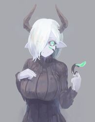  black_horns black_sclera black_sweater blue_skin breasts colored_sclera colored_skin cosplay demon_girl demon_horns female green_eyes grey_background highres horns irasrgsmk large_breasts merii_(mazohaha) merii_(mazohaha)_(cosplay) musuko_ga_kawaikute_shikatanai_mazoku_no_hahaoya protected_link smile solo sweater tentacle teresa_(mazohaha) waterpaint white_hair 