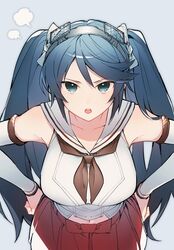  angry bad_id bad_twitter_id blue_eyes blue_hair breasts brown_neckerchief collarbone detached_sleeves female grey_background hands_on_own_hips highres isuzu_(kancolle) isuzu_kai_ni_(kancolle) kantai_collection large_breasts leaning_forward long_hair looking_at_viewer navel neckerchief open_mouth pleated_skirt ponko_(damachida) red_skirt sailor_collar sailor_shirt scolding shirt simple_background skirt sleeveless sleeveless_shirt solo standing twintails white_sailor_collar white_shirt 