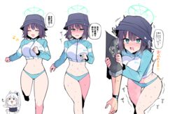  1boy 2girls :d ^_^ aqua_eyes bikini black_hair blue_archive blue_bikini blue_halo blue_headwear breasts chibi closed_eyes commentary_request genba_neko_(character) genba_neko_(meme) halo hat highres himiya_jouzu large_breasts meme miyako_(blue_archive) miyako_(swimsuit)_(blue_archive) multiple_girls navel official_alternate_costume open_mouth pointing raglan_sleeves running saki_(blue_archive) saki_(swimsuit)_(blue_archive) sensei_(blue_archive) shigoto_neko short_hair simple_background smile speech_bubble stomach sweat swimsuit translated white_background 