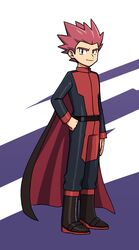  1boy aya_(ryou0327) belt black_belt black_cape black_footwear boots cape closed_mouth commentary_request full_body hand_on_own_hip jacket lance_(pokemon) long_sleeves looking_at_viewer male_focus pants pokemon pokemon_frlg red_hair short_hair smile solo spiked_hair standing two-tone_background 