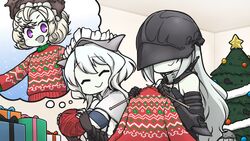  2girls ^_^ abyssal_ship anzio_princess armor christmas christmas_ornaments christmas_present christmas_sweater christmas_tree closed_eyes commentary_request commission country_connection covered_eyes enemy_aircraft_(kancolle) english_commentary european_princess european_water_princess gauntlets gift gorget hamu_koutarou hat helmet helmet_over_eyes highres holding imagining indoors kantai_collection knitting kuchiku_i-kyuu long_hair long_sleeves mixed-language_commentary multiple_girls pale_skin pixiv_commission purple_eyes revealing_clothes short_hair sweater thought_bubble white_hair yarn yarn_ball 