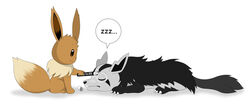  2015 ambiguous_gender body_writing canid canine closed_eyes digital_media_(artwork) dipstick_tail drawing duo eevee feral generation_1_pokemon generation_3_pokemon mammal markings mightyena multicolored_tail nintendo pokemon pokemon_(species) side_view simple_background sitting sleeping sound_effects speech_bubble tail tail_markings vowelless vowelless_sound_effect white_background winick-lim writing_on_face zzz 