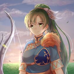  absurdres am_(am_cat12) armor artist_name blue_dress blue_sky bow_(weapon) breasts cloud commentary_request day dress earrings feather_hair_ornament feathers female fire_emblem fire_emblem:_the_blazing_blade fire_emblem_heroes fur_trim grass green_eyes green_hair hair_ornament highres jewelry long_hair looking_at_viewer lyn_(brave_lady)_(fire_emblem) lyn_(fire_emblem) medium_breasts outdoors pendant ponytail short_sleeves sky smile solo twitter_username upper_body weapon 