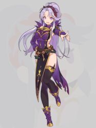  belt boots cbc_p dress female fingerless_gloves fire_emblem fire_emblem:_genealogy_of_the_holy_war full_body gloves hair_ornament jewelry long_hair multiple_views open_mouth ponytail purple_eyes purple_hair smile tailtiu_(fire_emblem) thighhighs thighs 