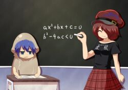  2girls black_shirt blue_eyes blue_hair chalk chalkboard closed_eyes closed_mouth commentary_request cookie_(touhou) cowboy_shot desk equation hecatia_lapislazuli highres holding holding_pencil ktgijgkgdusimn_(cookie) math multiple_girls open_mouth pencil plaid plaid_skirt red_hair red_headwear red_skirt shirt short_hair skirt smile squid_costume suyarou touhou yorigami_shion zerukalo_(cookie) 