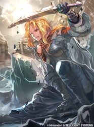  blonde_hair brigid_(fire_emblem) broken broken_sword broken_weapon closed_eyes commentary_request eyvel female fire fire_emblem fire_emblem:_genealogy_of_the_holy_war fire_emblem:_thracia_776 fire_emblem_cipher grimace md5_mismatch nijihayashi official_art petrification ponytail sword torn_clothes weapon yellow_eyes 