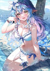  :d alternate_costume arm_support bikini blue_hair blush bracelet breasts cleavage commentary_request double-parted_bangs female flower frilled_bikini frills hair_flower hair_ornament hololive jewelry large_breasts long_hair looking_at_viewer multicolored_hair navel open_mouth outdoors partially_submerged pointy_ears sho_(runatic_moon) sitting smile snowflake_hair_ornament solo streaked_hair swimsuit thigh_strap very_long_hair virtual_youtuber wading white_bikini yellow_eyes yukihana_lamy 