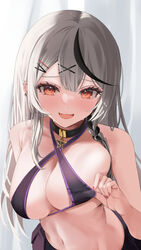  :d absurdres ara1e bare_arms bare_shoulders bikini bikini_skirt black_bikini black_hair blunt_bangs blush braid breasts center-flap_bangs choker cleavage commentary_request cosplay criss-cross_halter curled_fingers ear_piercing eyelashes female grey_hair hair_ornament hairclip halterneck hand_in_bikini highres hololive large_breasts long_hair looking_at_viewer midriff multicolored_hair murasaki_shion murasaki_shion_(cosplay) murasaki_shion_(hololive_summer_2019) nail_polish naughty_face navel oerba_yun_fang open_mouth pendant_choker piercing pulling_own_clothes red_eyes red_nails sakamata_chloe sidelocks single_braid sling_bikini_top smile solo spiked_ear_piercing star_(symbol) star_choker stomach strap_pull streaked_hair sweat swimsuit teasing upper_body variant_set very_long_hair virtual_youtuber x_hair_ornament 