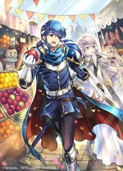  1boy apple armor bandana blue_cape blue_eyes blue_hair blue_shirt brother_and_sister cape castle feline female fire_emblem fire_emblem:_genealogy_of_the_holy_war fire_emblem_cipher food fruit gloves holding_hands julia_(fire_emblem) kinoshita_kotetsu lemon light_purple_hair long_hair market official_art open_mouth orange_(fruit) ponytail purple_eyes robe sausage seliph_(fire_emblem) sheath sheathed shirt siblings smile string_of_flags sword watermelon weapon 