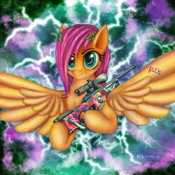  1:1 awp banana brand_parody counter-strike dole electricity elronya eltaile equid equine female feral fluttershy_(mlp) flying food friendship_is_magic fruit gun hasbro hi_res laurel_wreath lightning mammal my_little_pony mythological_creature mythological_equine mythology pegasus plant ranged_weapon rifle solo sticker thunder valve weapon wings 