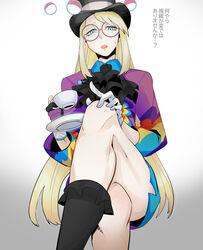  1boy ascot asymmetrical_gloves avery_(pokemon) black_ascot black_hat black_socks blonde_hair blue_eyes commentary_request crossed_legs cup dabu_(dabuchan) dynamax_band glasses gloves grey_background hat highres holding holding_cup knees long_hair male_focus mismatched_gloves open_mouth pokemon pokemon_swsh round_eyewear saucer shorts sitting socks solo sweatdrop teacup top_hat translation_request 