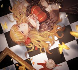  beatrice_(umineko) blonde_hair blue_eyes bow broken_cup bug butterfly checkered_floor choker cup dress female gensou_aporo hair_ornament long_hair long_sleeves puffy_sleeves teacup umineko_no_naku_koro_ni yellow_butterfly 