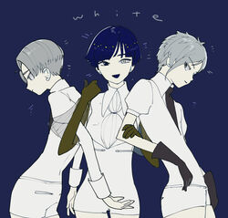  3others androgynous antarcticite arm_grab arm_wrap ascot bad_id bad_pixiv_id black_gloves blue_eyes blue_hair blunt_bangs bowl_cut cairngorm_(houseki_no_kuni) collared_shirt colored_eyelashes gem_uniform_(houseki_no_kuni) gloves gold golden_arms grabbing grey_hair heterochromia houseki_no_kuni locked_arms looking_at_viewer marusi_y moon_uniform_(houseki_no_kuni) multiple_others necktie other_focus parted_bangs parted_hair phosphophyllite phosphophyllite_(ll) puffy_short_sleeves puffy_sleeves shirt short_hair short_jumpsuit short_shorts short_sleeves shorts smile spoilers white_ascot white_eyes white_shirt 