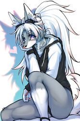  2:3 anthro black_nose breasts canid canine canis clothed clothing digital_media_(artwork) eyewear eyewear_on_head female female_anthro fur grey_body grey_fur hair heart_symbol hi_res hoodie jewelry kemono long_hair looking_at_viewer mammal necklace okami_bark ookamiwaho pawpads ponytail portrait purple_eyes shaded shadow simple_background sitting smile solo sunglasses sunglasses_on_head three-quarter_portrait topwear white_body white_fur white_hair wolf 