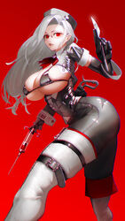  barcode bikini black_bikini black_gloves breasts elbow_gloves female glasses gloves grey_hair hat highres hiragana_oufu holding holding_syringe long_hair nurse nurse_cap original red_background red_eyes red_neckwear scalpel sheath sheathed simple_background sleeve_rolled_up solo swimsuit syringe thigh_strap weapon white_legwear 