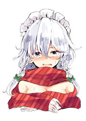  bad_id bad_twitter_id bare_shoulders blue_eyes blush bow braid breasts cleavage commentary_request deetamu female green_bow hair_between_eyes hairbow highres izayoi_sakuya looking_at_viewer maid_headdress medium_breasts naked_scarf nose_blush open_mouth red_scarf scarf short_hair simple_background solo sweat touhou twin_braids upper_body white_background white_hair 