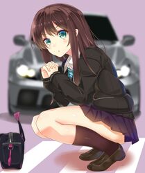  aqua_eyes ashu bag black_socks blurry brown_hair car commentary_request depth_of_field female idolmaster idolmaster_cinderella_girls interlocked_fingers jacket long_hair long_sleeves mercedes-benz motor_vehicle own_hands_clasped own_hands_together pleated_skirt shibuya_rin skirt socks solo sports_car squatting 