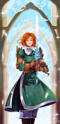  2013 armor belt bird blue_eyes boots brown_hair commentary_request dove dress falling_feathers feathers female final_fantasy final_fantasy_tactics_a2 final_fantasy_tactics_advance frimelda_lotice gauntlets green_dress highres lohiaxel pants pants_under_dress pauldrons photoshop_(medium) short_hair shoulder_armor side_slit signature solo sword transparent_sword two-handed_sword weapon 