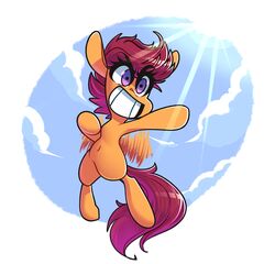  2018 better_version_at_source cloud digital_media_(artwork) equid equine female feral friendship_is_magic hair hasbro hi_res horse mammal my_little_pony mythological_creature mythological_equine mythology navel pegasus pony purple_eyes purple_hair scootaloo_(mlp) short_hair sky solo sourspot teeth wings young young_feral 