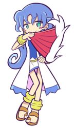  anklet bare_legs blue_hair blush_stickers bracelet commentary_request female full_body green_eyes hand_fan jewelry long_hair mzkn002 official_style puyopuyo puyopuyo_fever rulue_(puyopuyo) sandals skirt smile solo transparent_background 