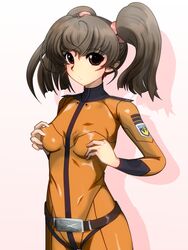  bodysuit breasts brown_eyes brown_hair female looking_at_viewer misaki_yuria nenngajyoh shiny shiny_clothes skin_tight solo twintails uchuu_senkan_yamato uchuu_senkan_yamato_2199 uniform 