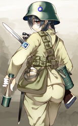  ass bag bandolier bayonet black_hair bolt_action braid brown_eyes canteen china combat_helmet commentary explosive female from_behind grenade gun helmet kuomintang looking_at_viewer looking_back mauser_98 military military_uniform national_revolutionary_army original republic_of_china_flag rifle samazuka_mashiro satchel scabbard second_sino-japanese_war sheath soldier solo stahlhelm stick_grenade stielhandgranate twin_braids uniform weapon world_war_ii 